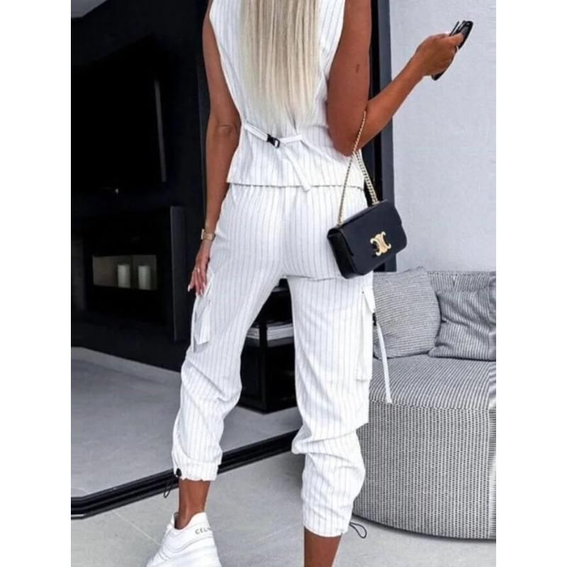 Completo Gilet a Righe per Donna Estate Casual Scollo a V Top con Bottoni Tasca Pantaloni Larghi Completi Due Pezzi per Donna Elegante