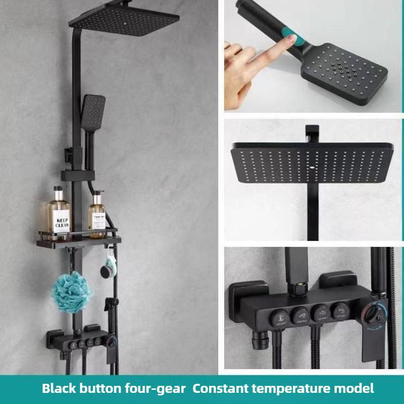 Household Bathroom Thermostatic Rain Shower Black Digital Display Pressurized Shower Head Button Showerhead Set