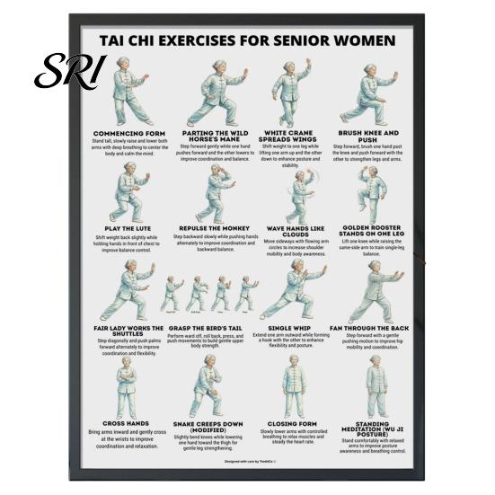 Tai Chi Chair Exercise Poster Workout Unframed Routine Clear Visual Instructions Low Impact Guide Seated Chart for Seniors Beginners Gentle