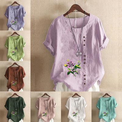 T-shirt à manches courtes imprimé floral pour femme, chemise ample en coton, chemisier d'été décontracté, grande taille