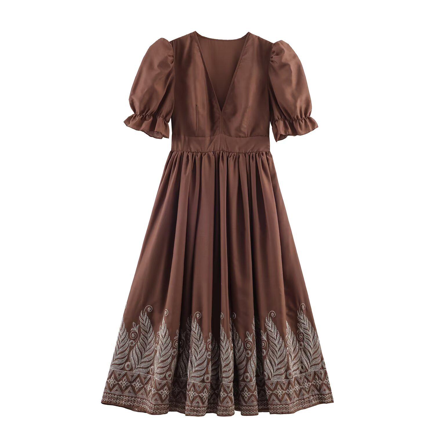 Women s Embroidered V-Neck Waist-Cinching Long Dress - European & American Style Spring 2026 (10030) XS