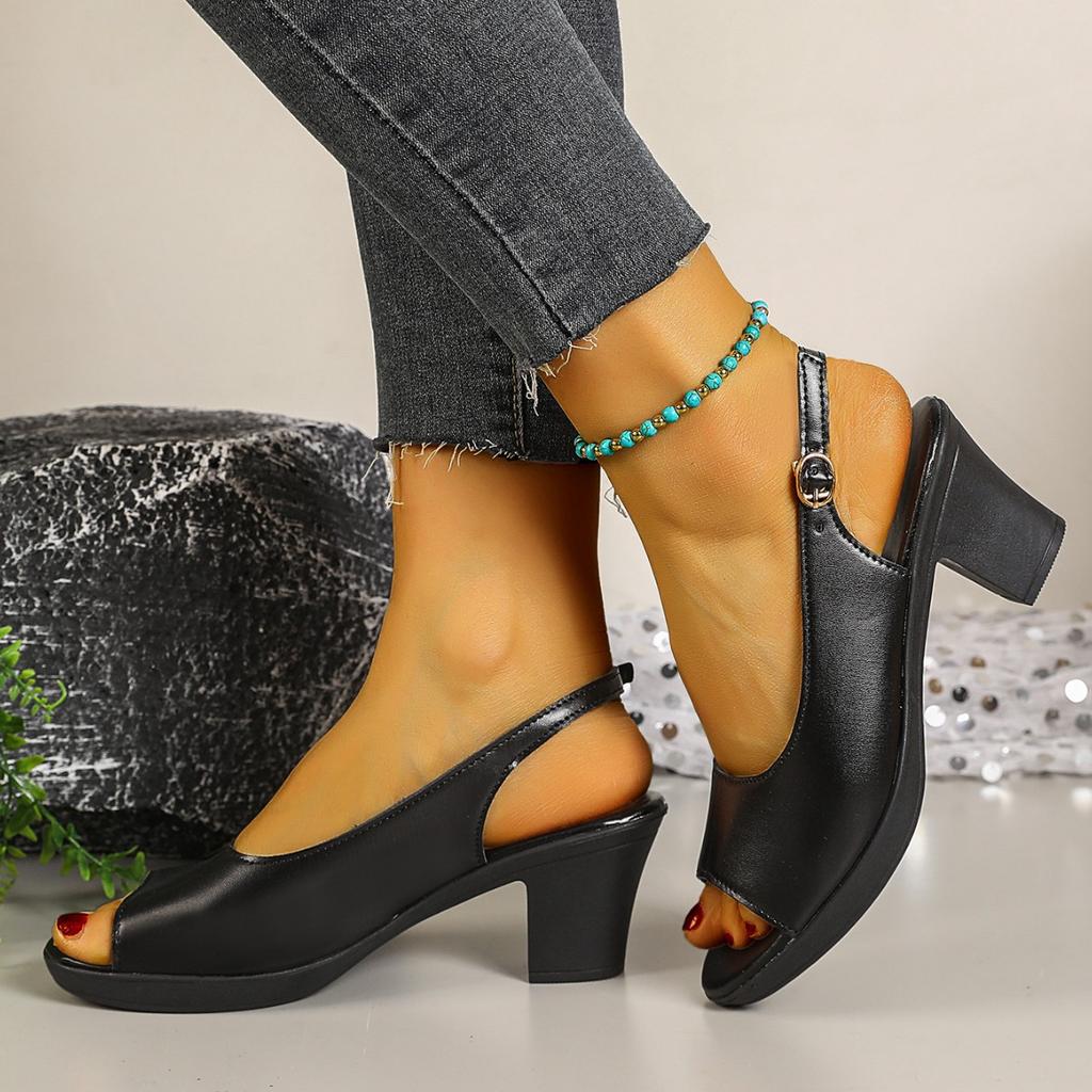 Women's shoes thick heel round head buckle empty single shoes summer new temperament lady elegant high heel fish mouth sandals