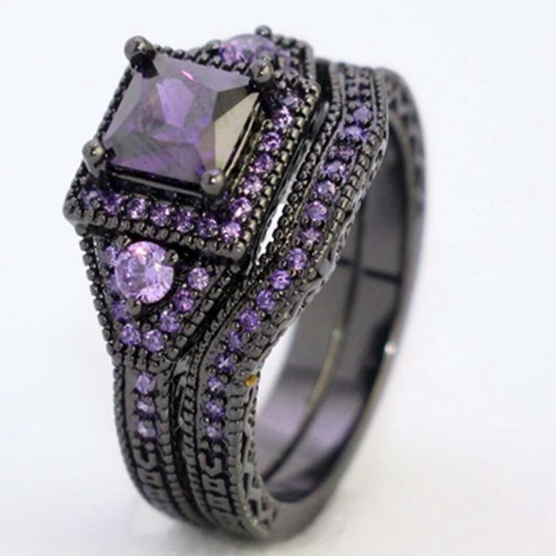 Huajie 2Pcs/set Purple Square Zirconia Retro Shining Women's Rings Full Paved Gothic Style Party Gift  Trend