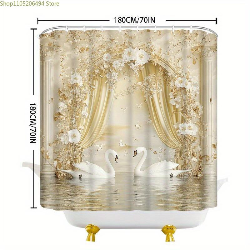 1pc Elegant White Swans in Reflective Pool Shower Curtain with Golden Floral Arrangements & Romantic Classical Architecture -
