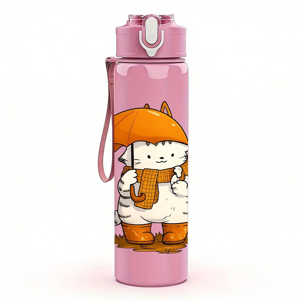 1PC Umbrella Cat Cartoon 750ml Color Plastic Sports Water Bottle Leakproof Flip Straw Lid Suitable for Sports Office Home Use