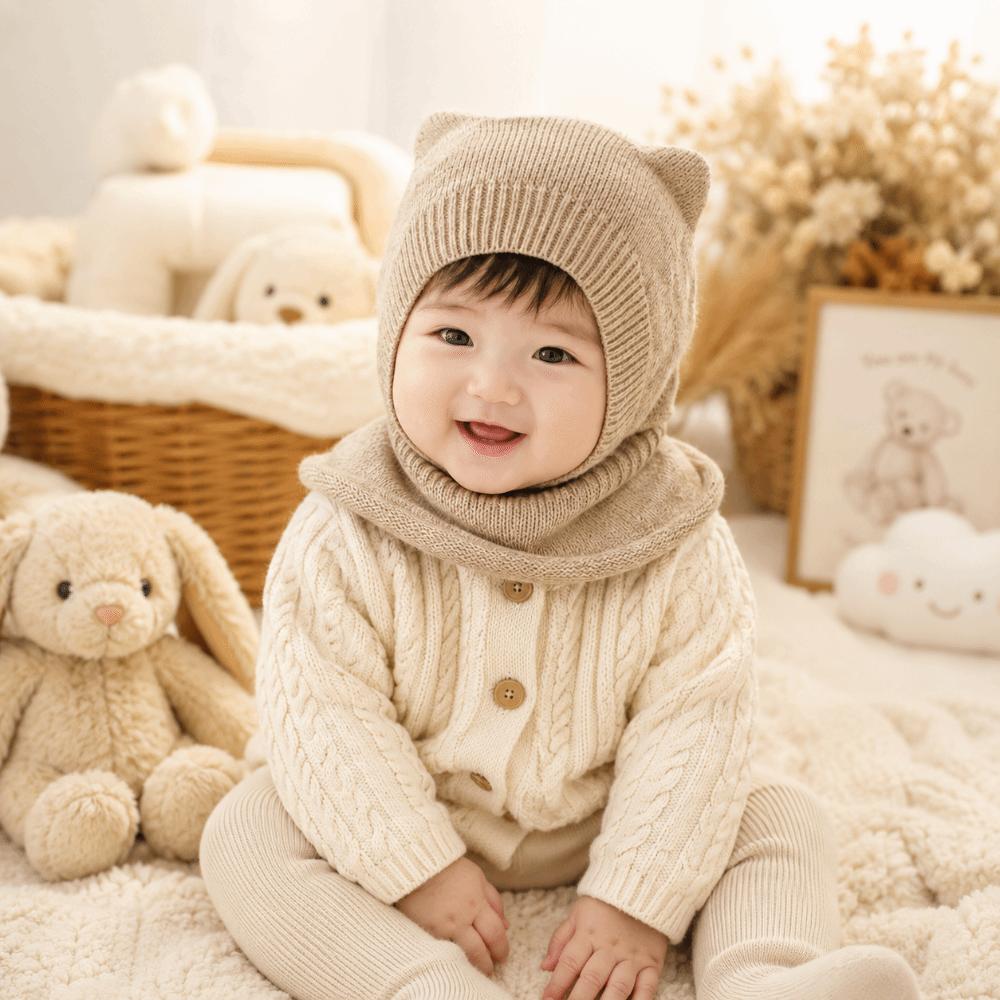 Ear Protection Baby Balaclava Hat Solid Color Knit Cap Scarf New Winter Toddler Hat Boy Girl