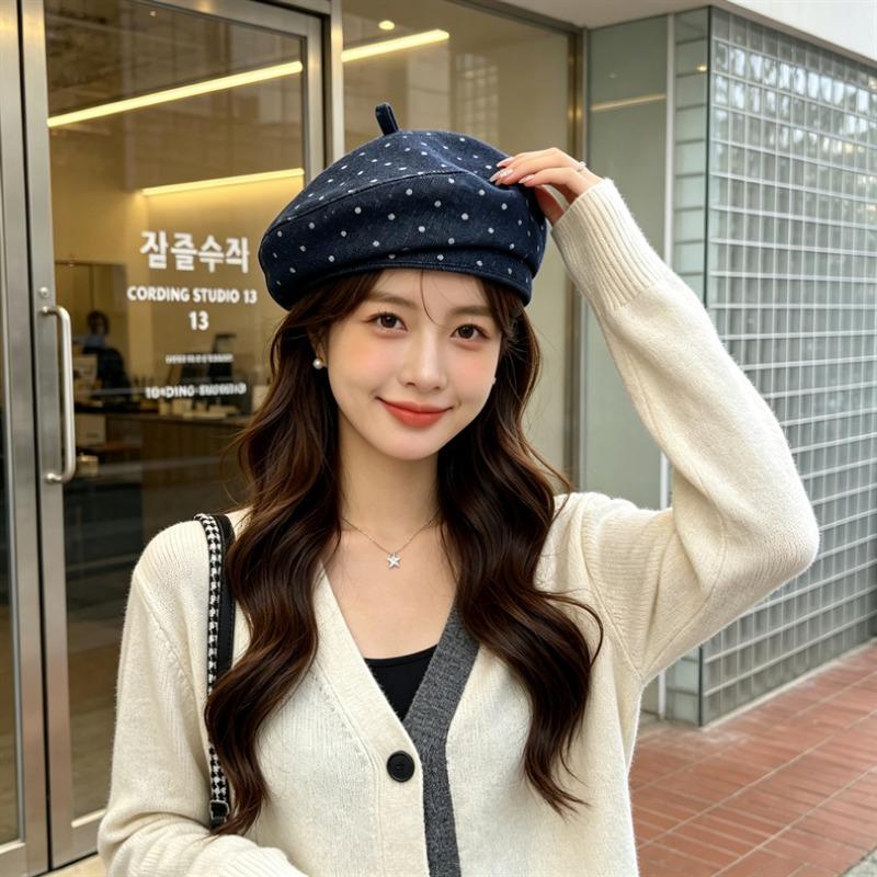 Women S Vintage Polka Dot Beret Hat Large Size Fashionable Painter Cap