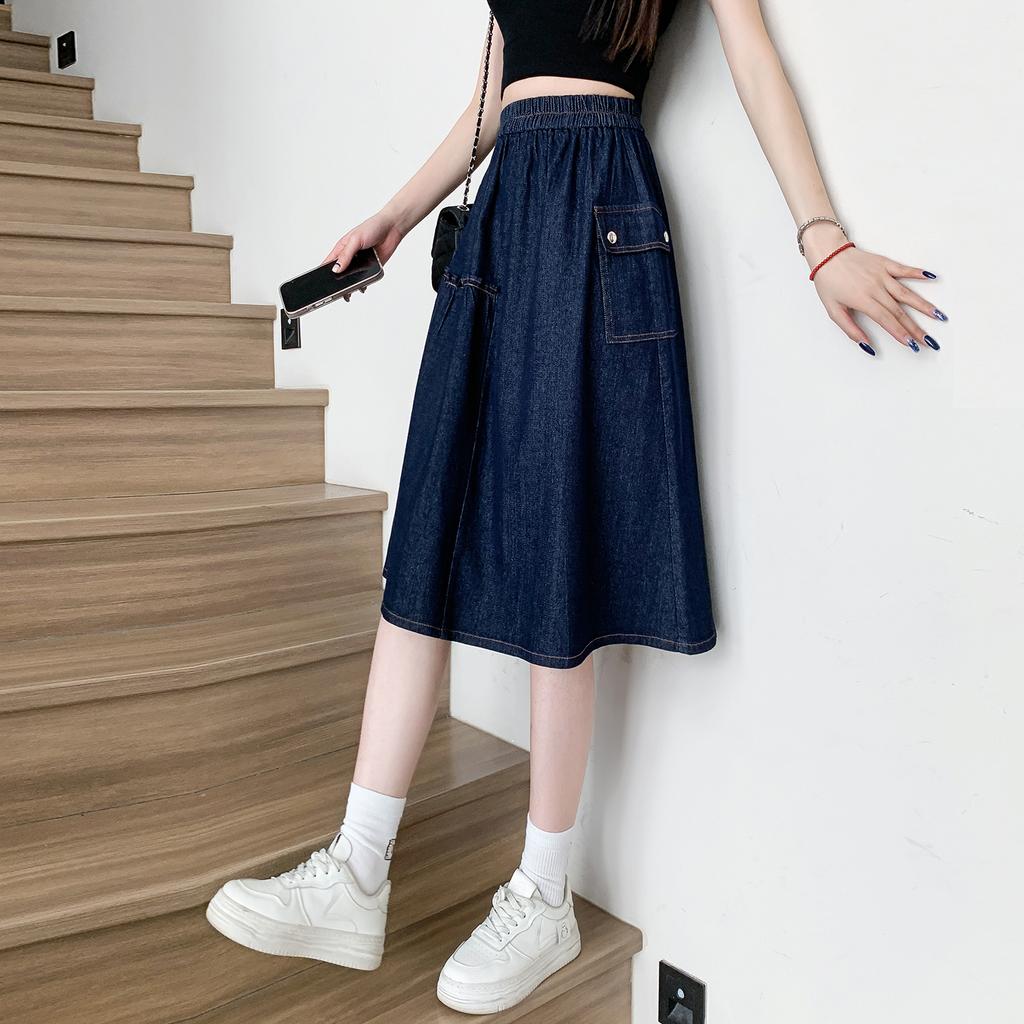 DIMANAF 2025 Übergröße Sommer Denim Röcke Damen Locker Elastisch Mode A-Linie Jeansrock Hohe Taille Maxi