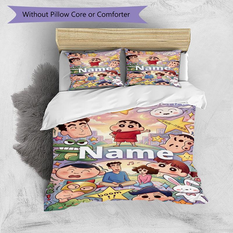 3pcs Duvet Cover Set (1*Duvet Cover + 2*Pillowcase, Without Core), Custom Name Crayon Shin chanPattern Bedding Set, Home Bedroom Decor Gift
