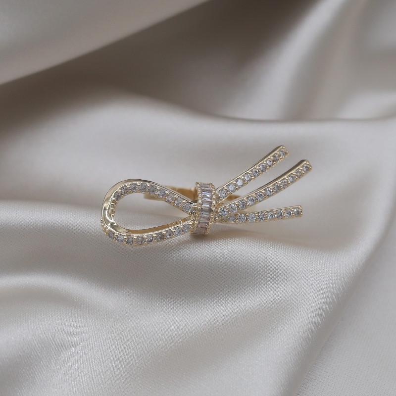 Real Gold Plating Korea New Design Fashion Jewelry Exquisite Luxury Zircon Bow Ring Simple Women's Party Opening Adjustable Ring