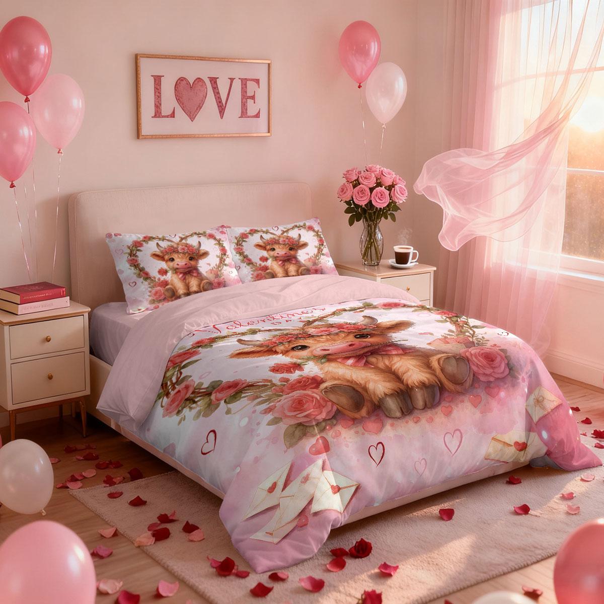3pcs Pink Romantic Valentine's Day Highland Cow Print Coreless Bedding Set Multi Size Bedding Decoration Machine Washable