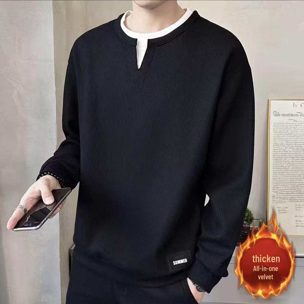 Men's Casual Fake Two-Piece Hoodie with Vertical Stripes - Autumn/Winter Loose Fit