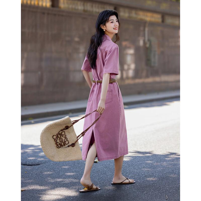 

De Ma Na Women s Pure Cotton Washed Retro Polo A-line Denim Dress L