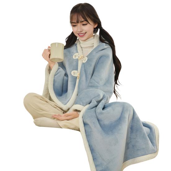 

Cape Blanket Plush Hooded Cape with Button Fastening Double-Sided Warmth White Trim Blanket Cape Office Nap Comfort Throw Blanket