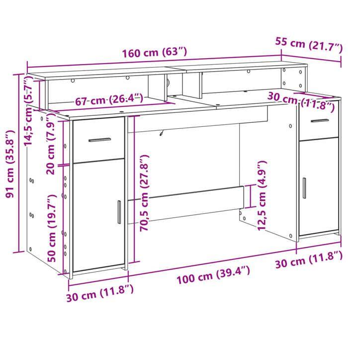 VidaXL Bureau avec lumières LED chêne artisanal bois d'ingénierie, bureau de travail, bureau d'étude, bureau à domicile, 3309437