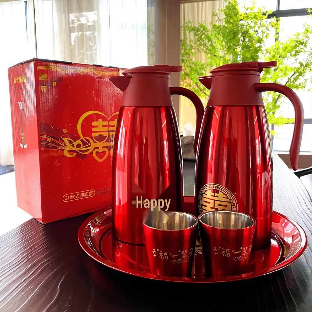 Red Stainless Steel Thermos Flask Set - Wedding Dowry Hot Water Bottles (Pair)