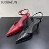 Fashion SUOJIALUN 2025 Spring New Brand Women Sandal Fashion Red Pointed Toe Ladies Elegnat Slingback Shoes Thin High Heel Dress Pumps