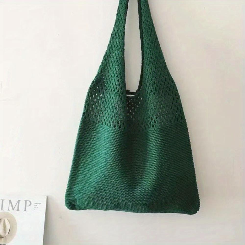 Minimalist Retro Hollow Knitting Bag For Women, Woven Yarn Shoulder Tote Bag, Large Capacity Breathable Shopping Handbag For Daily Outdoor Use