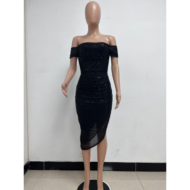 Women's Summer One-line Shoulder French Waist Dress Sequin Bag Hip Mid-length Dress