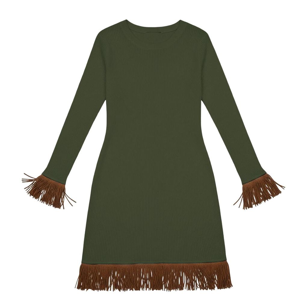 Women's Fashion Round Neck Knit Slim-Fit Fringe Casual Long-Sleeve Dress