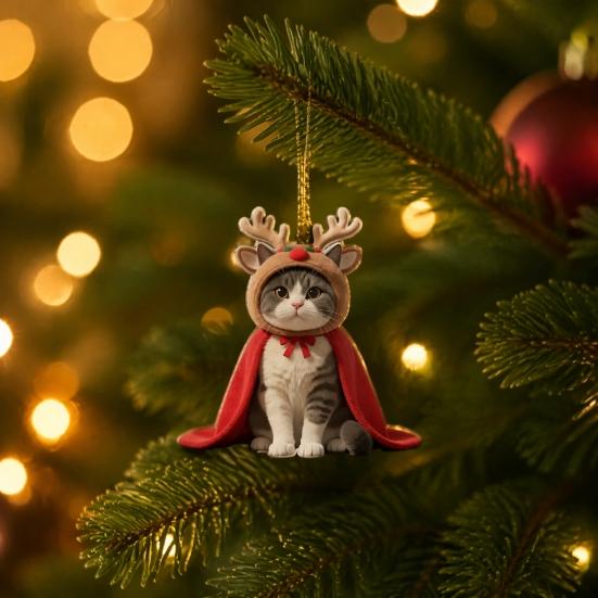 Kleine Süße Dekorationen für Fenster Katze Weihnachtsdekoration, 2D Flaches Cartoon Acryl Kätzchen mit Umhang und Leichter Dekorationshut Hängende Dekoration