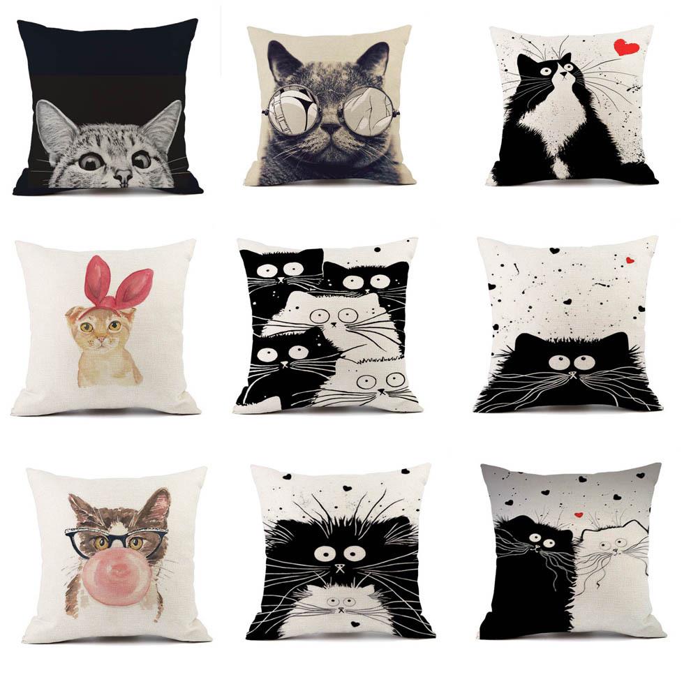 European Linen Cat Print Sofa Pillow Cover