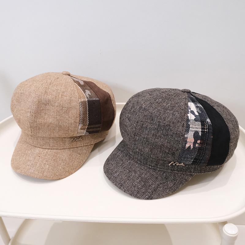 Autumn and winter color matching retro British style cap women's fashion simple casual versatile temperament octagonal hat tide