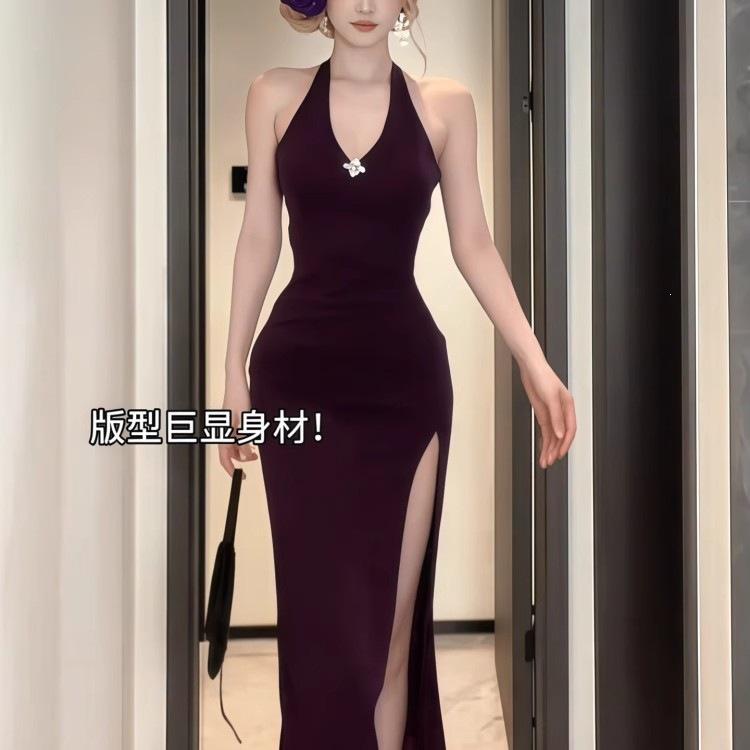 instahot purple neck diamond chain V-neck dress dress women's beautiful high-end split slim backless dress