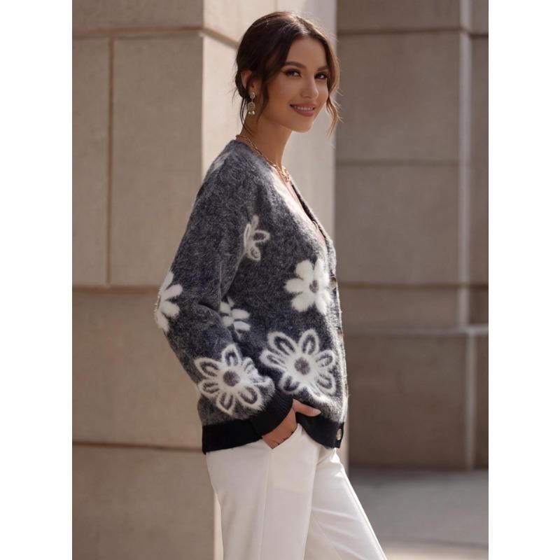 V Neck Long Sleeve Flower Pattern Knit Cardigan Sweater