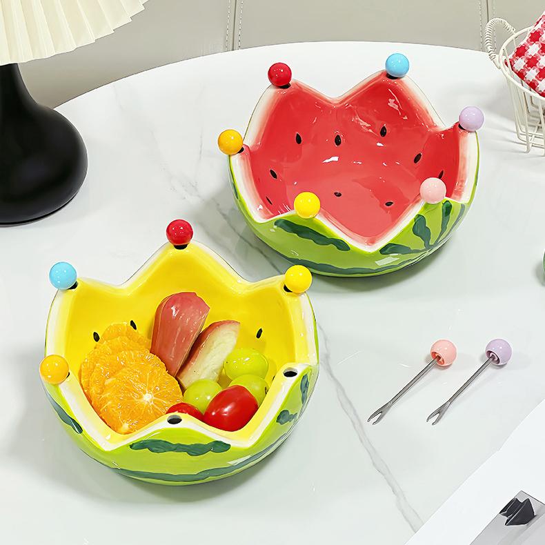 Creative Crown Watermelon Ceramic Fruit Bowl, Cute Salad Dessert Bowl with Fruit Fork for Home Use