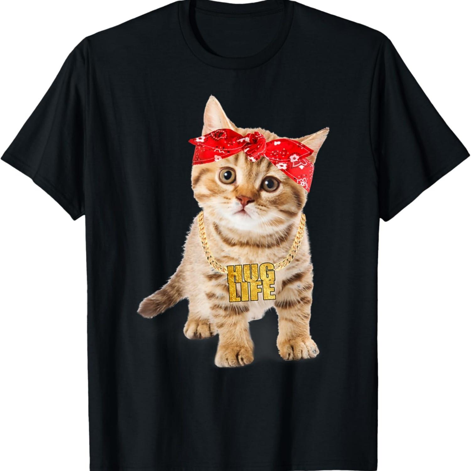 Hug Thug Gangster Life Gold Chain Cat Shirt Gangsta Cat Tee T-Shirt for Men Women S чёрный