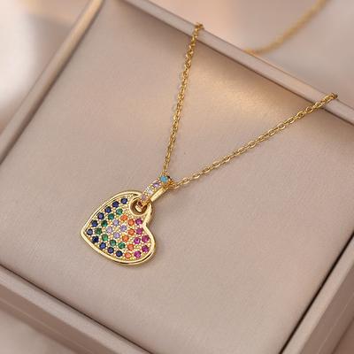 Multicolored Zirconia Heart Pendant Necklace for Women 2023 New Fashion Gold Color Stainless Steel Chain Pendant Jewelry Wedding Party Accessories
