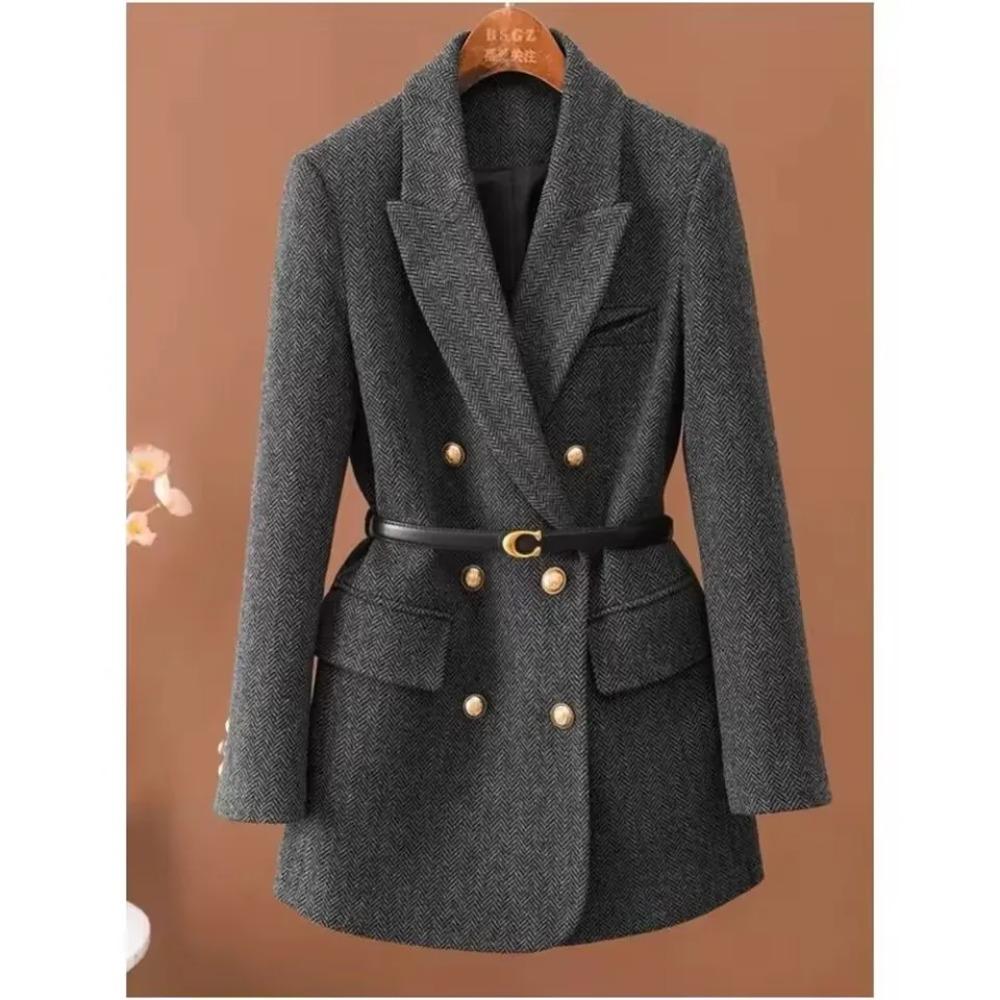 

Brown with Belt A Vintage Wool Jacket for Women Autumn and Winter Popular Seasonal Green Temperament Top Blazer XL серый
