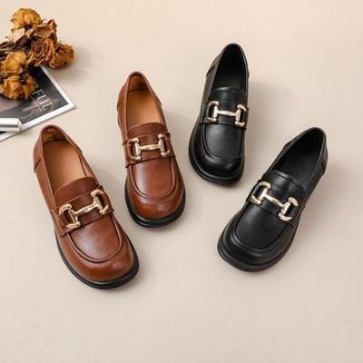 Cowhide Loafers Women's Shoes Genuine Leather Low Top Thick Heel Medium Heel Soft Sole Soft Round Head Comfortable and Versatile Casual