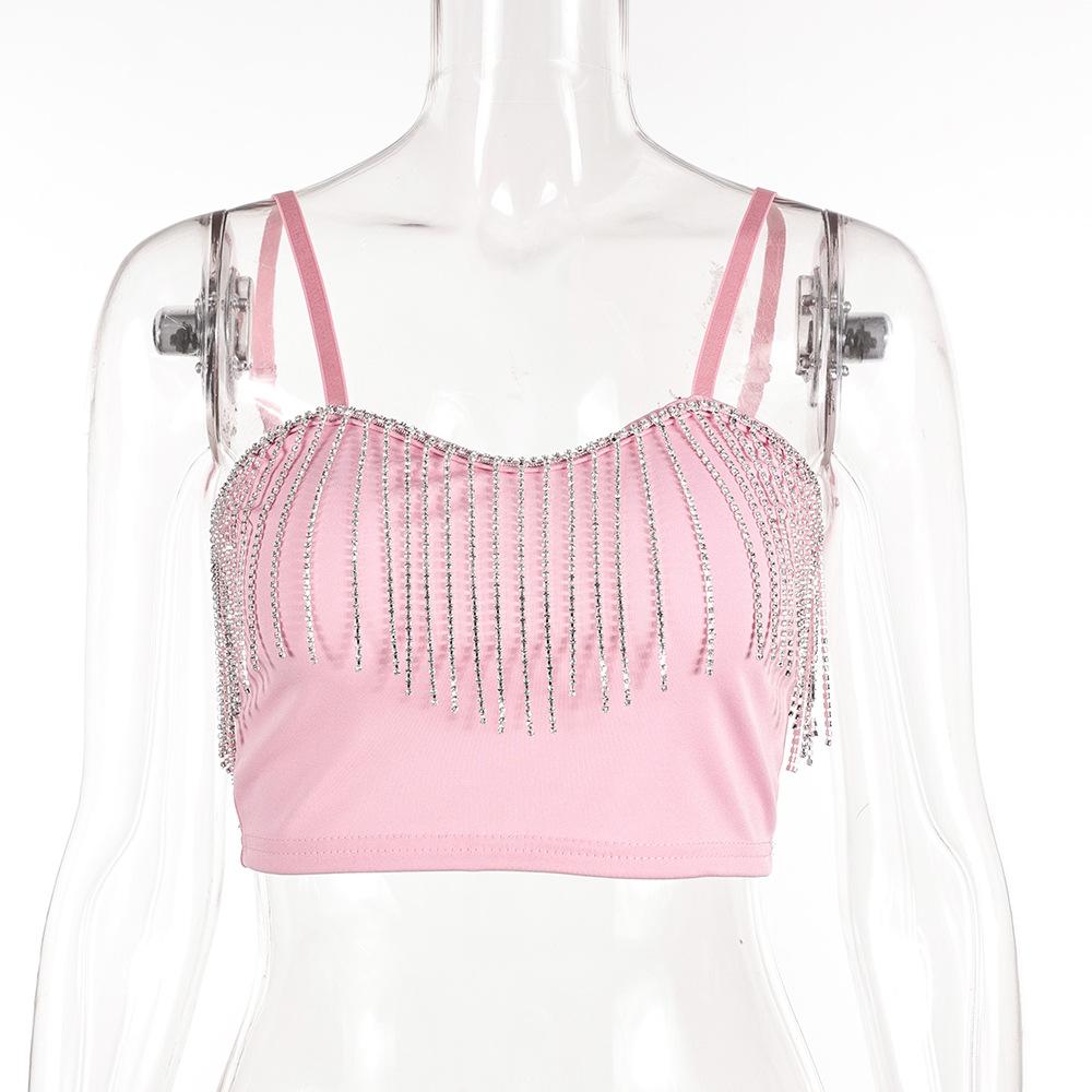 

Женский топ для ночного клуба с кисточками и стразами, без бретелек, с цепочкой и подтяжками, сексуальный, универсальный S розовый