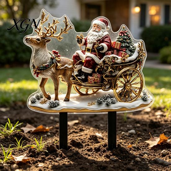 Outdoor Holiday Decorations Christmas Elf Garden Stake, Santa Reindeer Sleigh Acrylic Yard Weather Resistant Art Sign, Decoration for Lawn Pathway