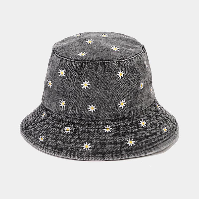 Fashion Girl Y2K Floral Embroidered Denim Bucket Hat Korean Style Foldable Sun Panama Hat for Women Summer Outdoor Casual Cap