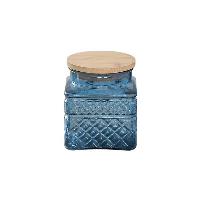

Food Safe Glass Container Geometric Pattern Preserve Jar With Natural Bamboos Lid for Kitchen Counter Or Dining Table синій