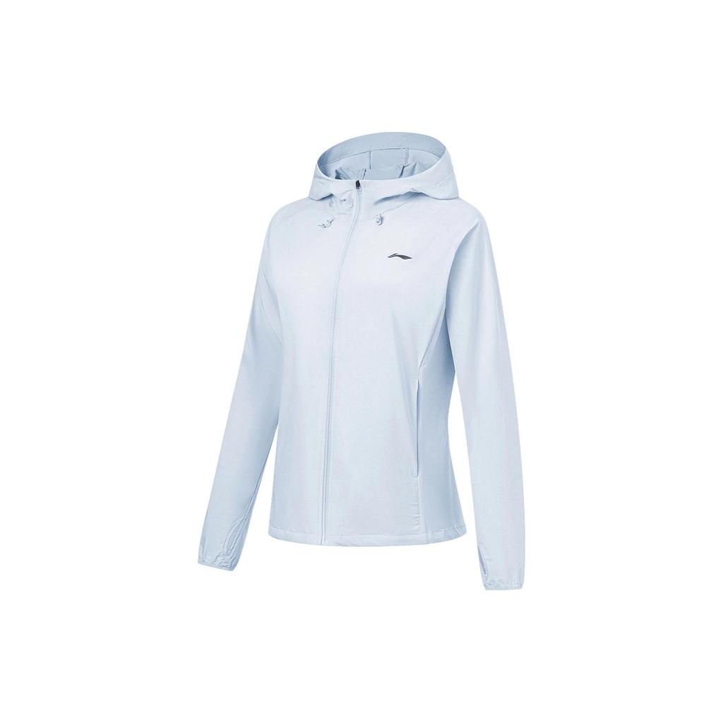 Li Ning Jednobarevná bunda s kapucí na zip a dlouhým rukávem s ochranou proti slunci dámská bunda nebesky modrá AFDT182-9