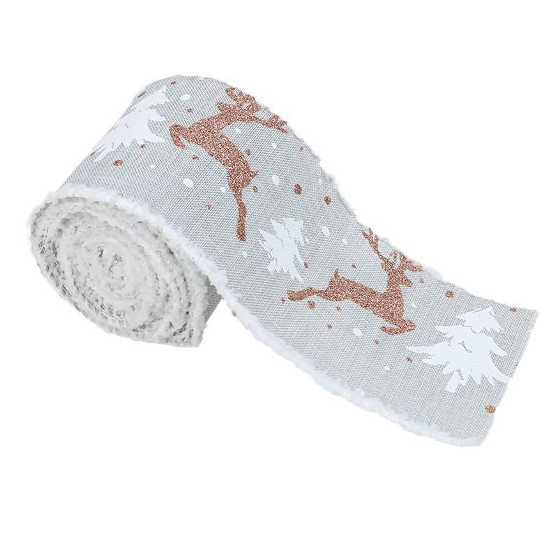 Cross-border Christmas Ribbon: White Plush Edge with Reindeer Design for Gift Box Packaging and Decoration with Gift Ribbon.