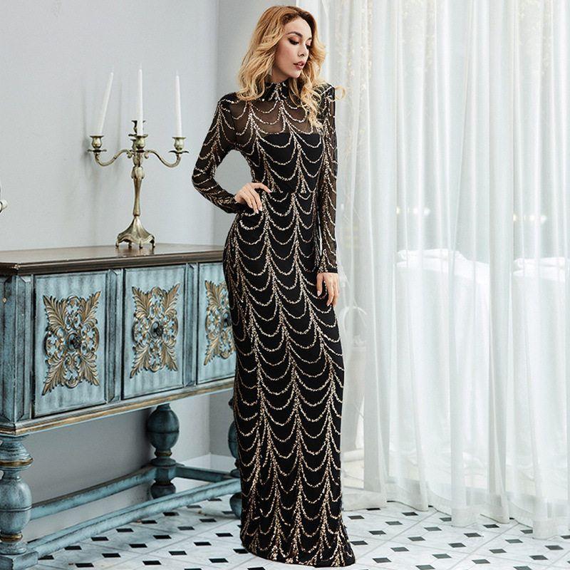 Long Sleeve Evening Party Dress Sequins Women Maxi Dress Gold XXL