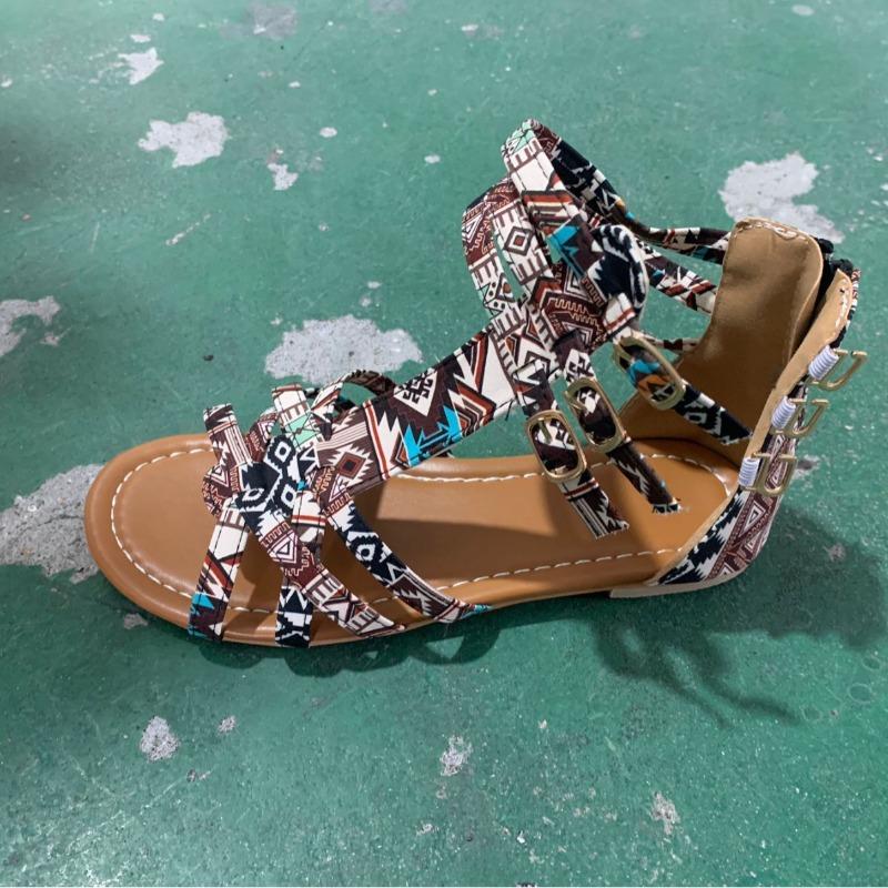 Summer New Floral Flat Sandals Women's Buckle Beach Sandals Hollow Open-toed Women's Shoes