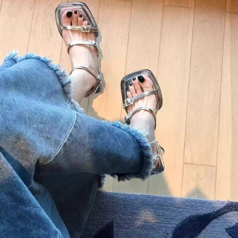 Rhinestone temperament sandals women's new summer silver square head open-toe buckle strap thick heel high heels