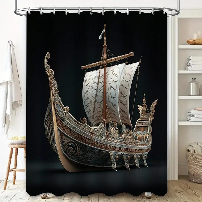 Wikingerboot Duschvorhang Dekoratives Nautisches Thema Für Badezimmer Schwarzer Hintergrund Mit Weißen Segelschiffen Welt