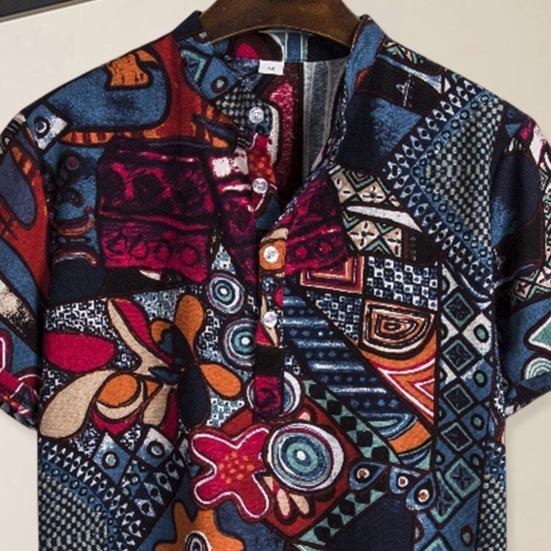 Men Beach Shirt Colorful Geometric Print Short Sleeves Buttons Turn-down Collar Cooling Loose Vintage Ethnic Men Shirt Men Clothes