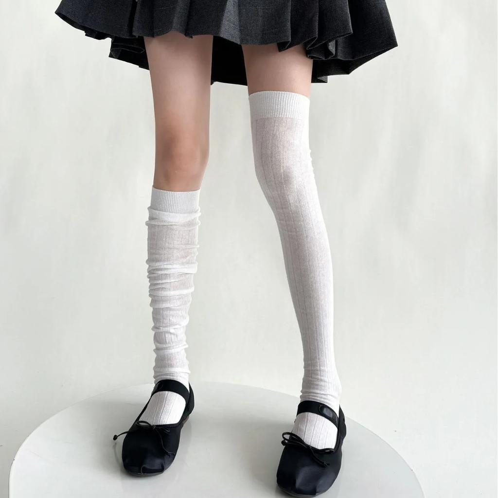 Damenstrümpfe, Baumwolle, dünn, atmungsaktiv, Kniestrümpfe, Oberschenkelstrümpfe, Schulmädchen, einfarbig, lange Socken, Oberschenkelstrümpfe