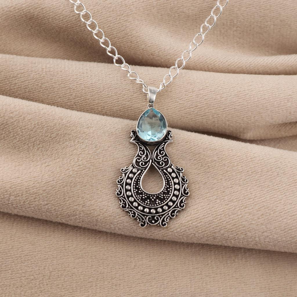 Sky Blue Topaz Gemstone 925 Sterling Silver Jewelry Women Oxidize Pendant 1.8" For Mother's Day Gift CP-45-9