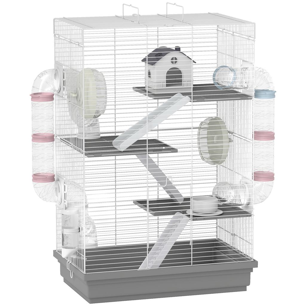 Hamster Cage With Tunnel Platforms Bowl Drinker House Ramps And Exercise Wheel 47x30x70 Cm Gray