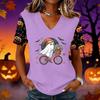 Women's Short Sleeve V-Neck Pullover Top with Halloween Print for Casual Everyday Wear