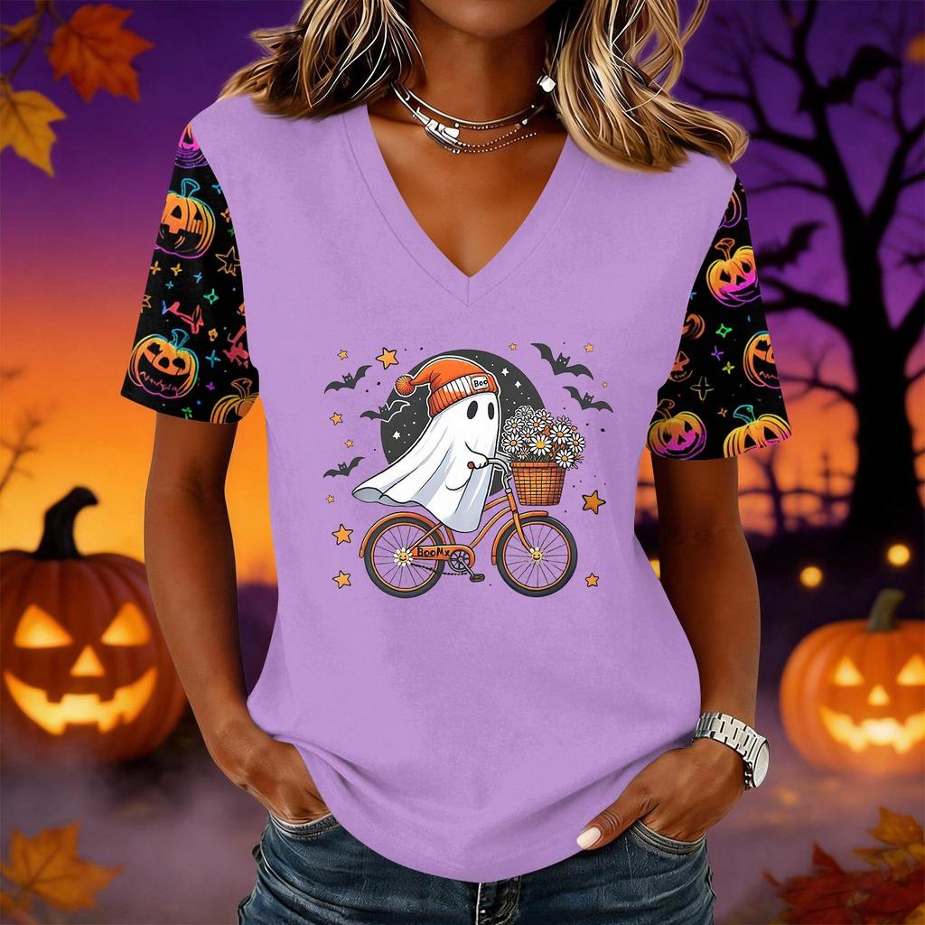 Women's Short Sleeve V-Neck Pullover Top with Halloween Print for Casual Everyday Wear